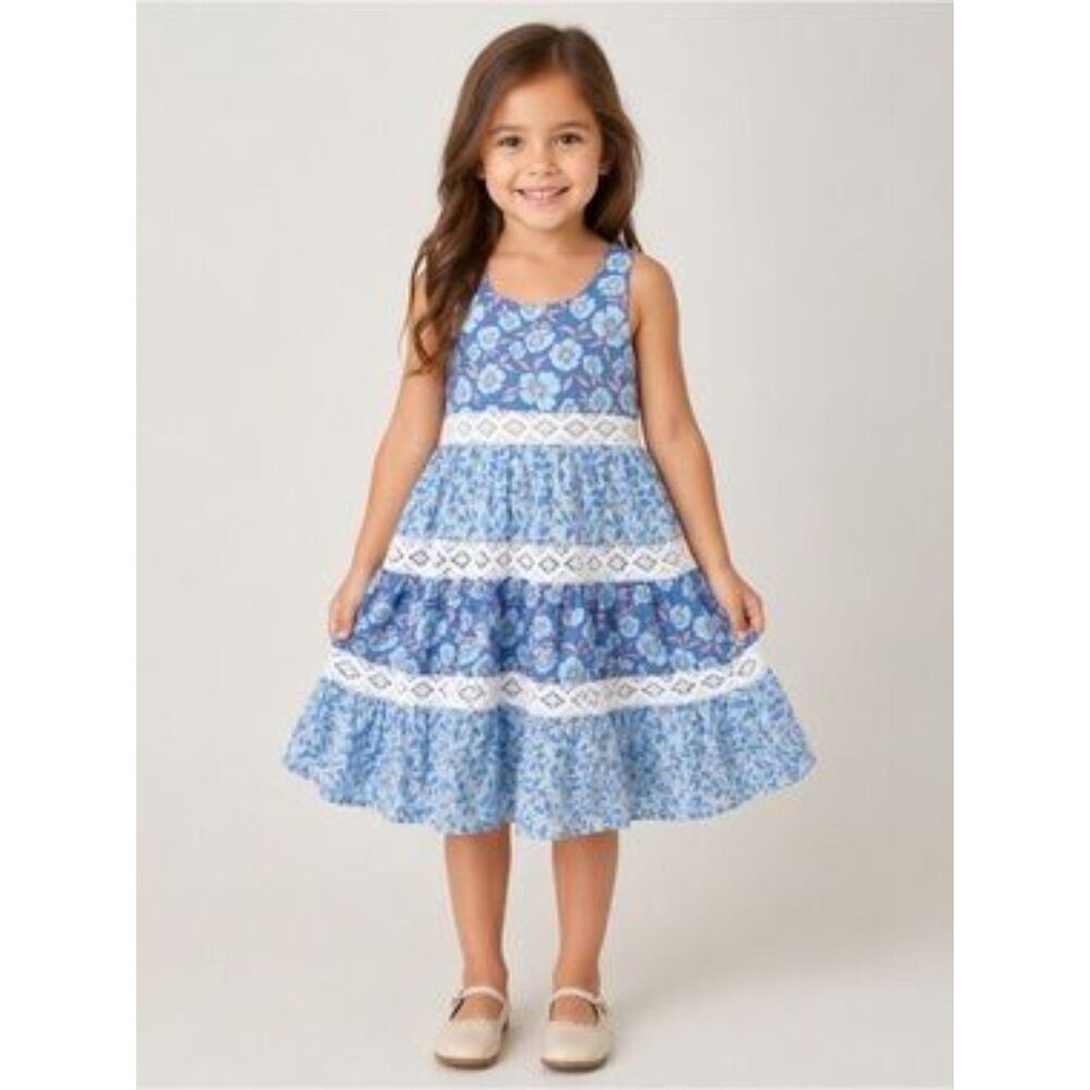 JOIE Girls Sz 8 Blue Floral Lined Cotton Lace Trim Sleeveless Tiered Sundress